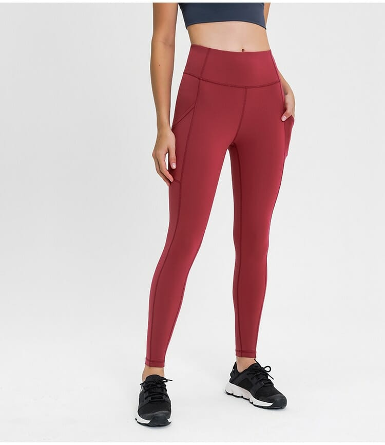 custom red gym leggings with phone pocket