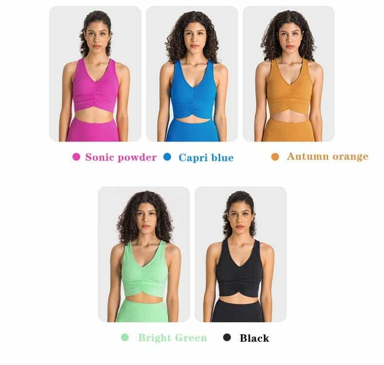 High End Nylon Padded Yoga Sports Bras for Women Racerback Wireless Deep V Neck Workout Gym Bra Hems Wrinkle Crop Tops