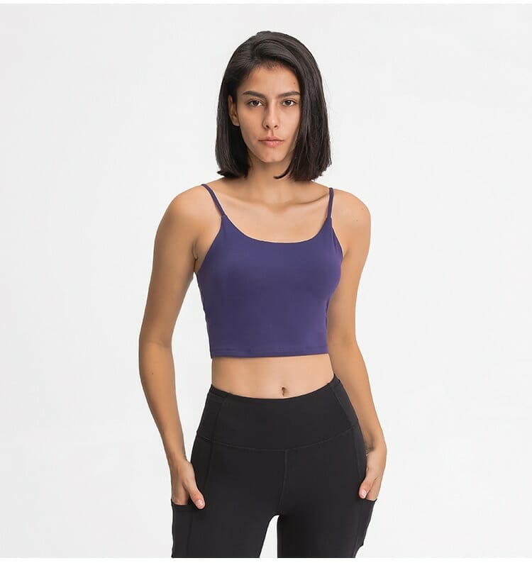 black strappy back light impact sports bra with pad