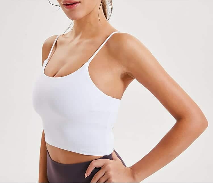 white padded soft strappy back light impact sports bra