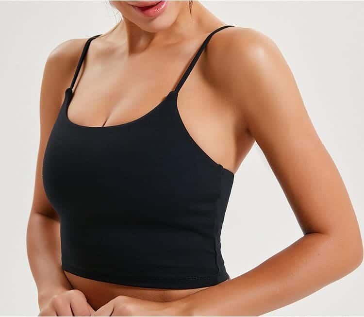 crew neck padded strappy back light impact sports bra