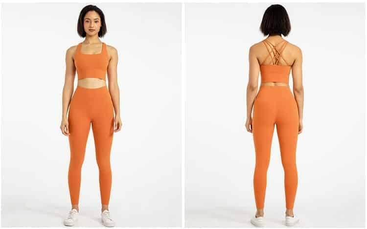 custom orange high waisted leggings and sports bra set