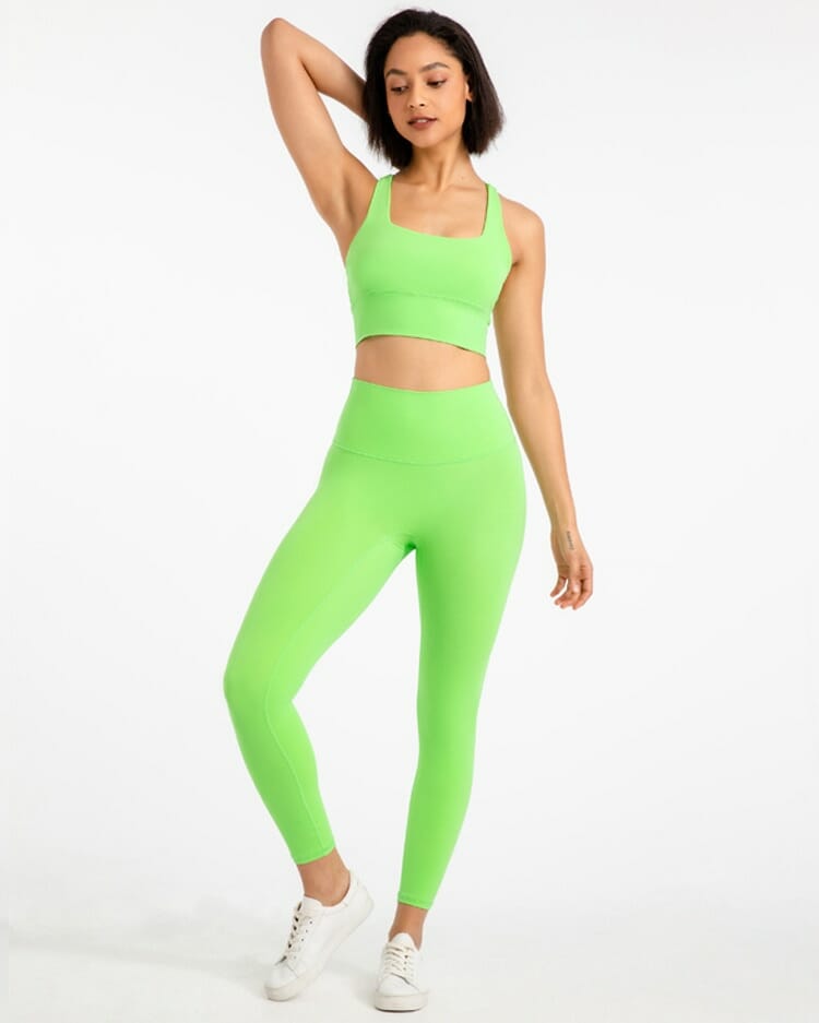 fabricante de leggings verdes de cintura alta y conjunto de sujetador deportivo