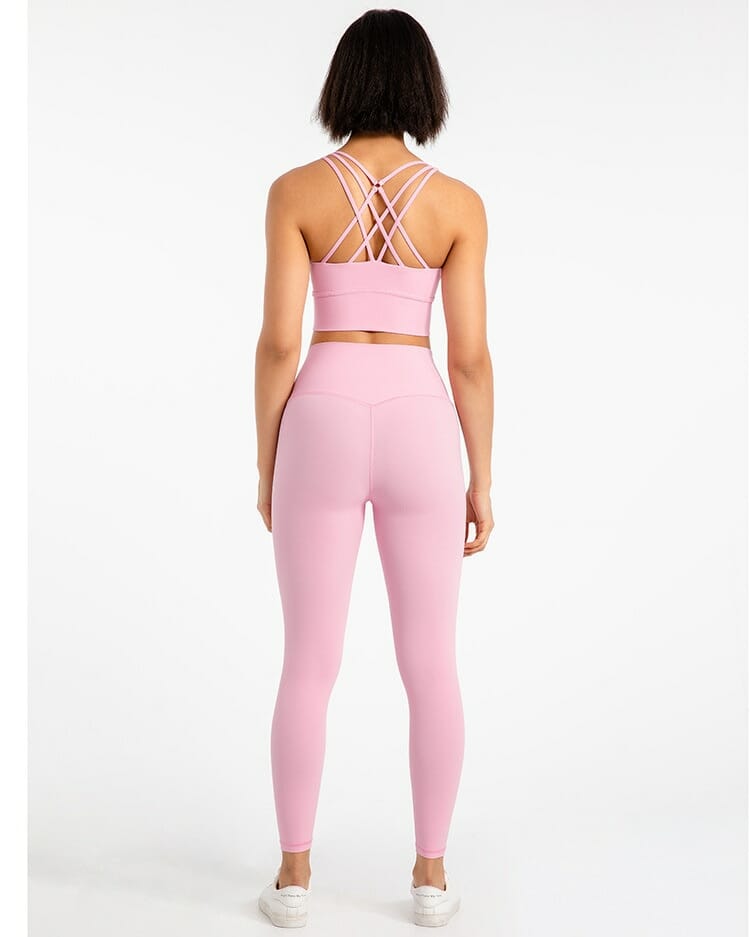 pink high waisted leggings and sports bra set