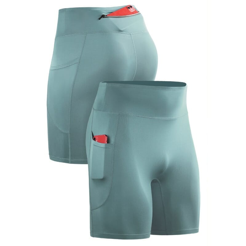 green mens running shorts with zipper pocket
