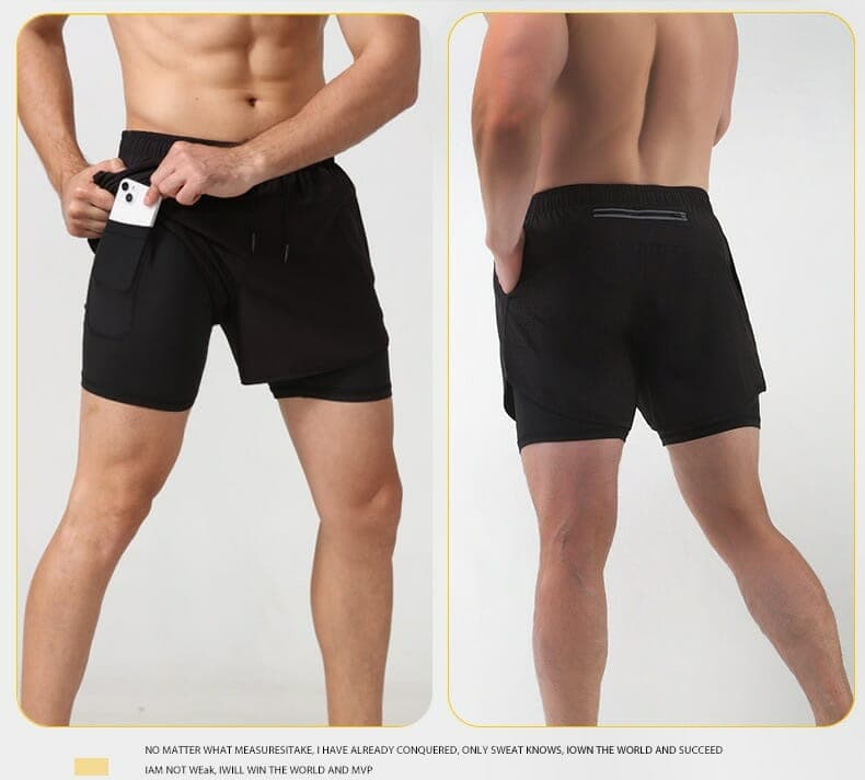 custom black mens double layer gym shorts