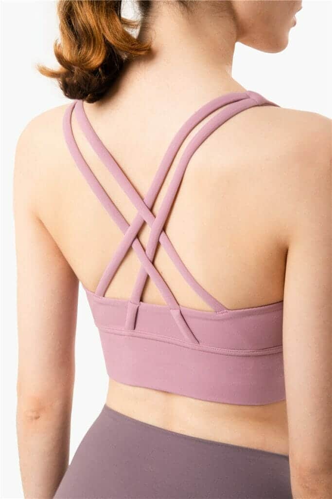 back cross purple medium impact sports bra