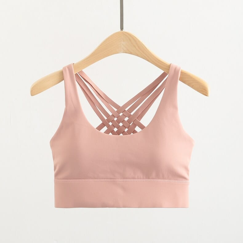 pink back cross multi strap sports bra