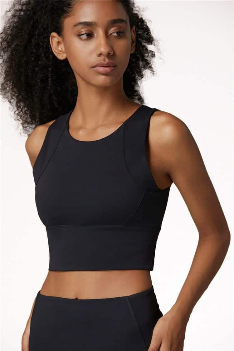 custom black wide strap athletic tank top with built in sports bra supplier